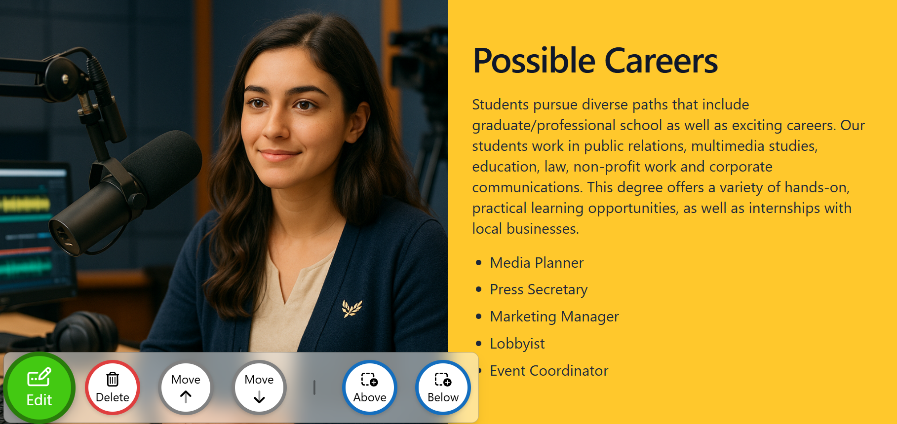 Inclusive CMS editor showing a campus careers section with an edit toolbar over the page.