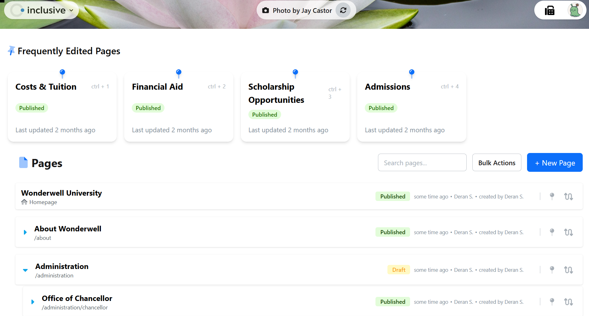 Representation of InclusiveCMS sitemap and cards for different pages